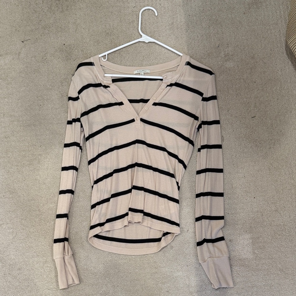 Z Supply Beige and Black Striped Long Sleeve Top